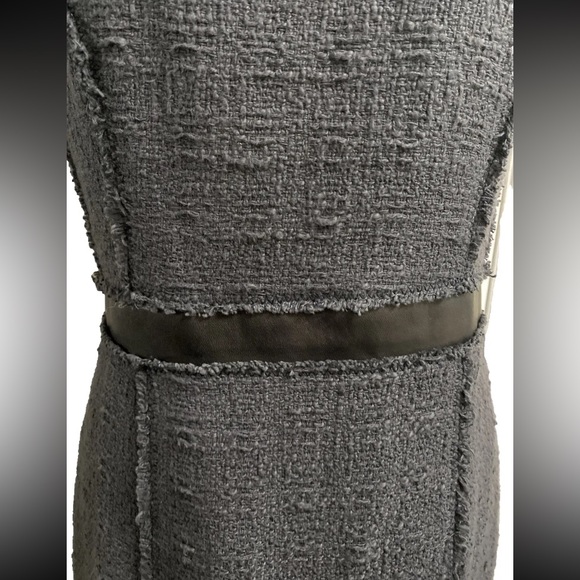 REBECCA TAYLOR size 8 Crew Neck Tweed Leather Trim Raw Edge Dress Charcoal Gray - Picture 2 of 9